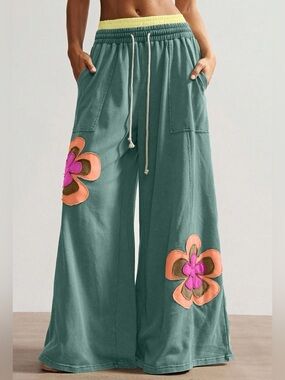 🩵Hello Gorgeous! COTTON Wide Leg Floral Patchwork Pants - Turquoise